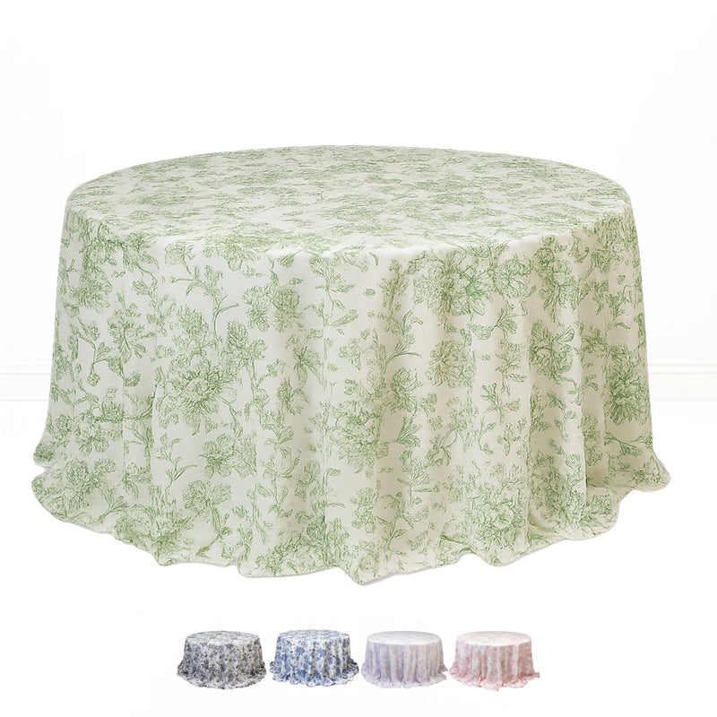 Polyester Round Tablecloth 132" White with French Toile Pattern - By TCF Linen - thumbnail number 1