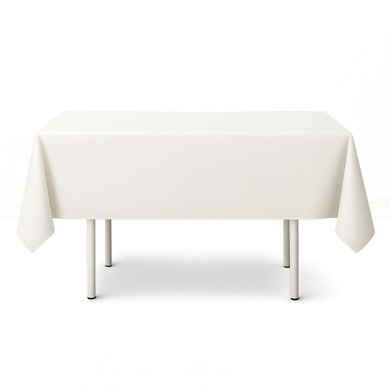 Ivory scuba polyester 54"x54" square tablecloth on display table - thumbnail number 1