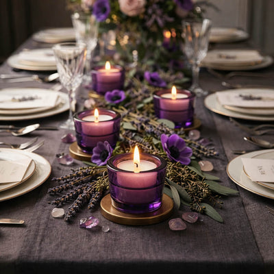 Purple glass votive candle holders on a decorated event table - thumbnail number 6