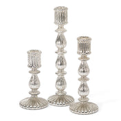 Ribbed Unique Mercury Glass Taper Candle Holder set of three on a white background - thumbnail number 1