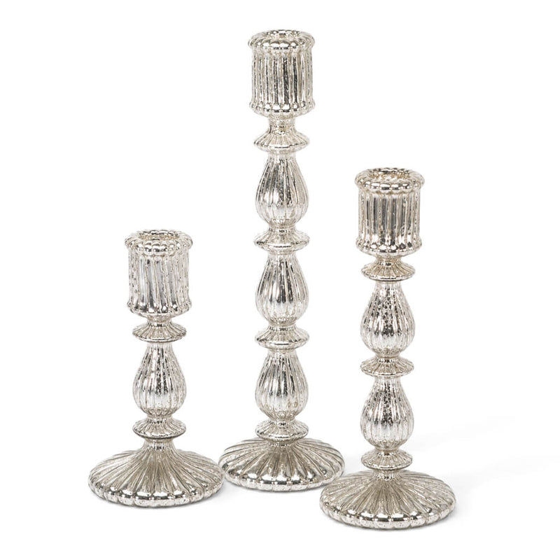 Ribbed Unique Mercury Glass Taper Candle Holder set of three on a white background - thumbnail number 1