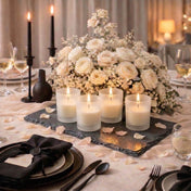 Frosted Votive Holders with ivory candles on an elegant black-tie gala dinner tablescape - thumbnail number 7