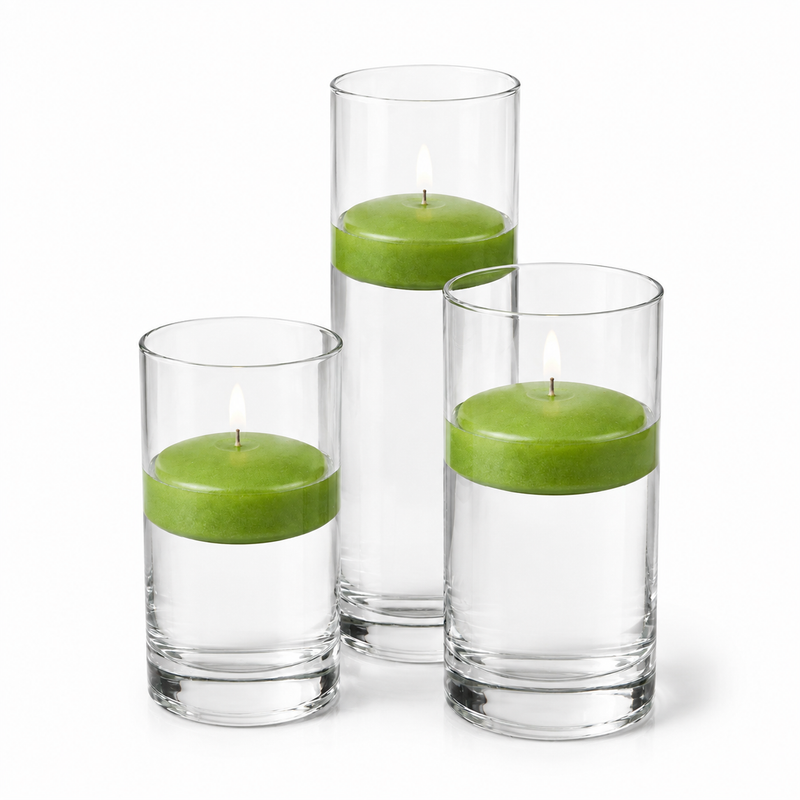 Three green floating candles displayed in clear glass cylinder vases - thumbnail number 1