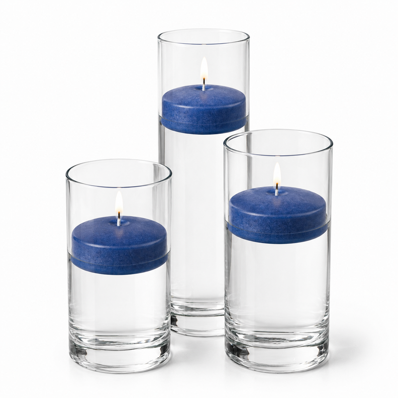 Three navy blue floating candles in cylindrical glass vases - thumbnail number 1