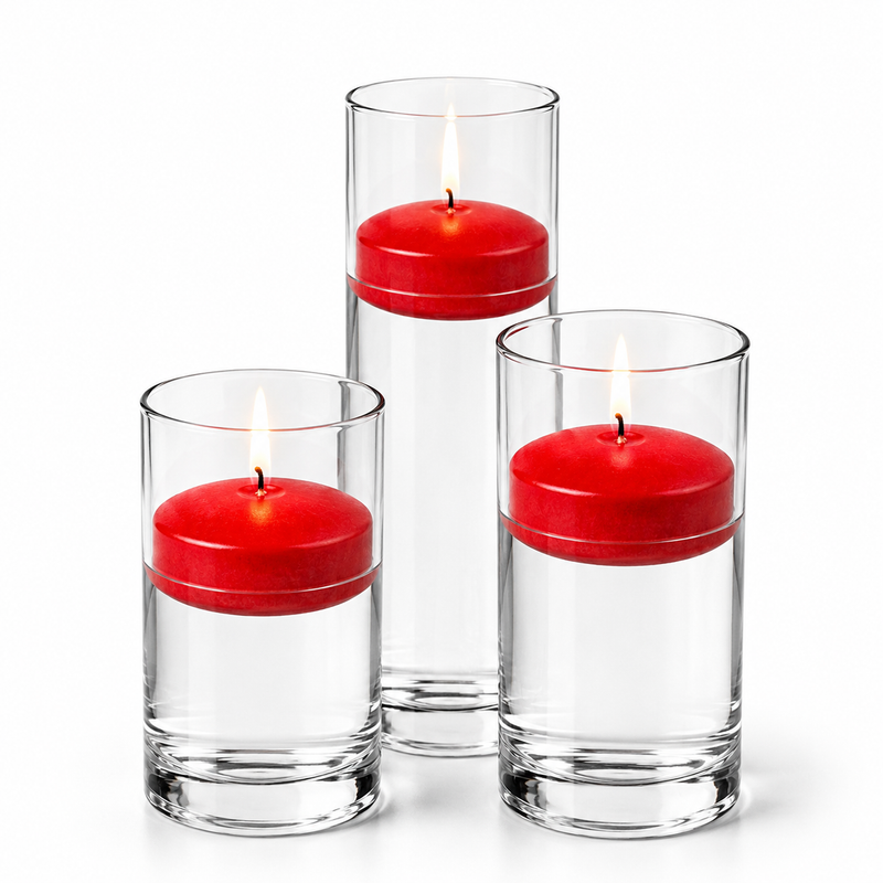 Three red floating candles in tall glass cylinders on a white background - thumbnail number 1