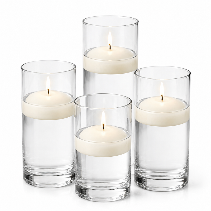 Tall glass cylinders filled with water and lit light ivory floating candles - thumbnail number 1