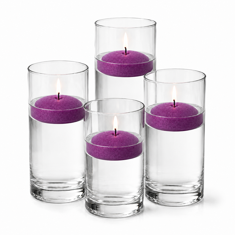 Four glass cylinders filled with water hold lit purple floating candles - thumbnail number 1