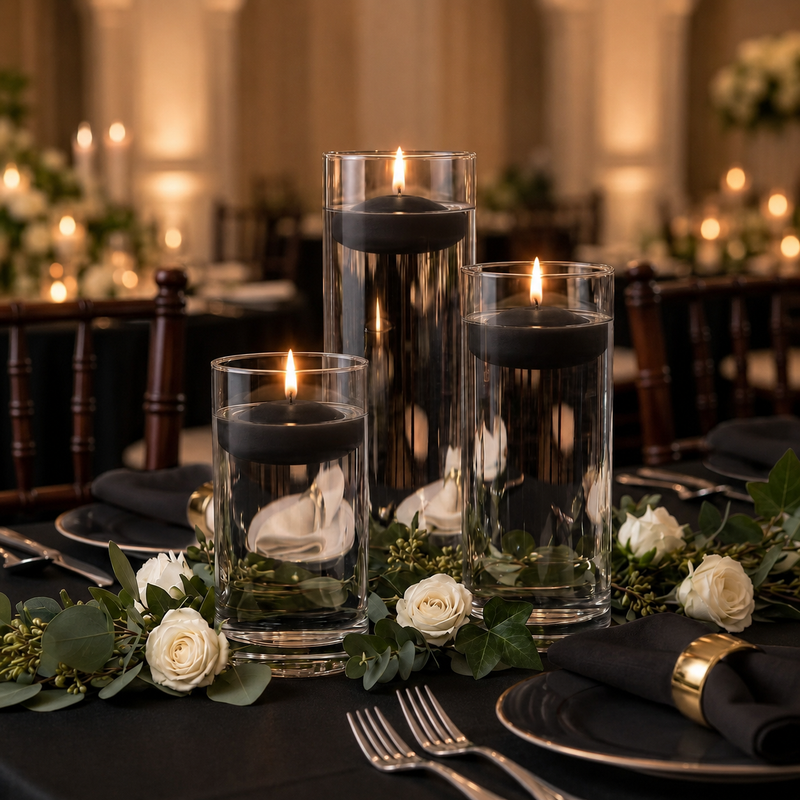 Cylinder Vase Centerpiece & Richland 3" Floating Candles Set of 3 - Black - thumbnail number 4