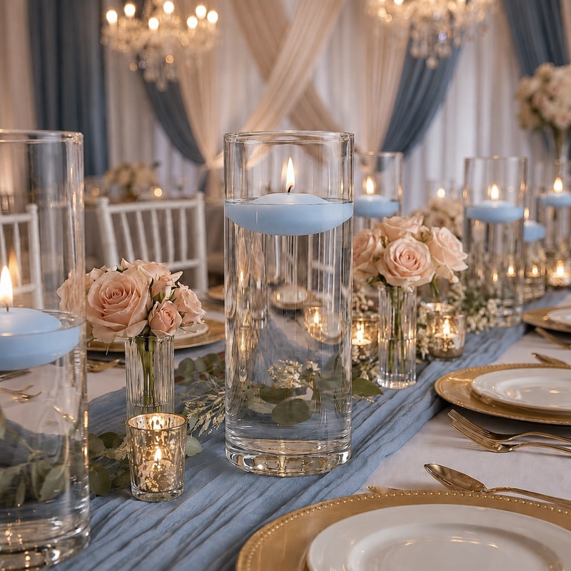 Three glass cylinder vases with lit light blue floating candles and pink roses - thumbnail number 4