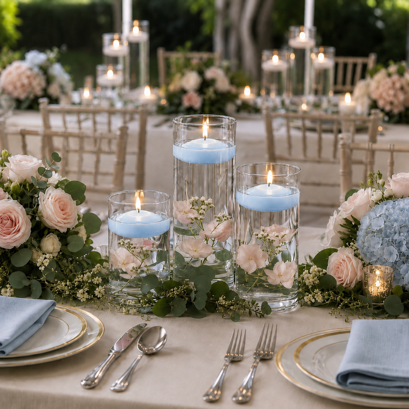 Three glass cylinder vases with lit light blue floating candles, pink flowers, and greenery - thumbnail number 5