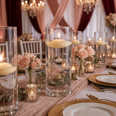 Lit floating candles in cylinder vases and pink roses on a wedding reception table - thumbnail number 3