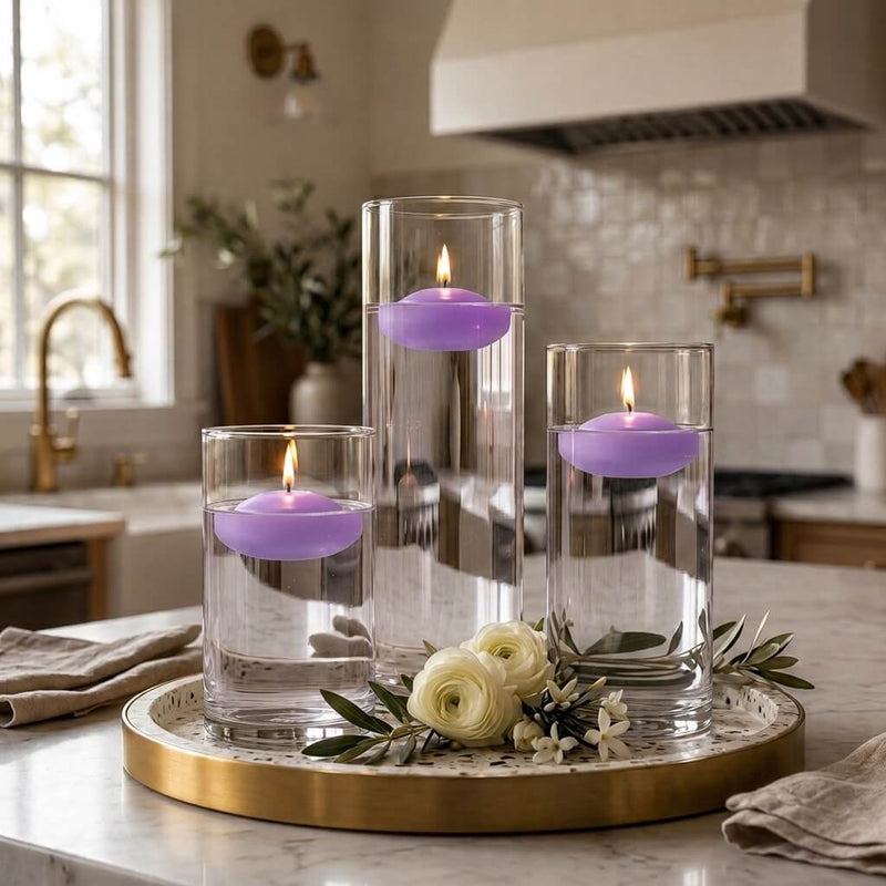 Three glass cylinders with floating lavender candles and white flowers on a tray - thumbnail number 6