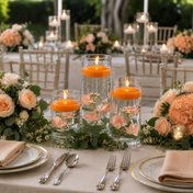 Glass cylinders with floating orange candles and peach flowers on a table - thumbnail number 5