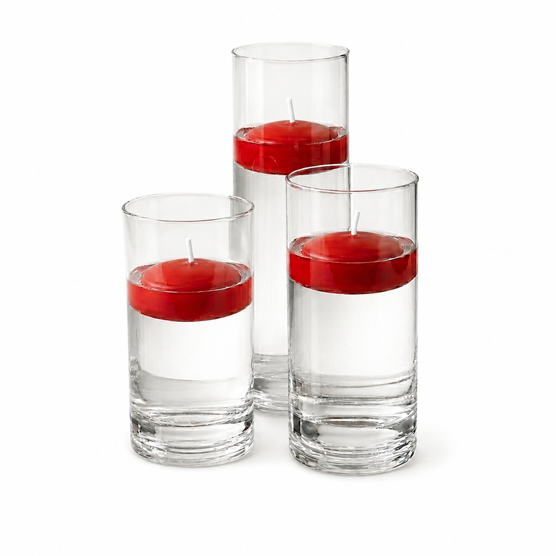 Three red floating candles inside tall clear glass vases - thumbnail number 1