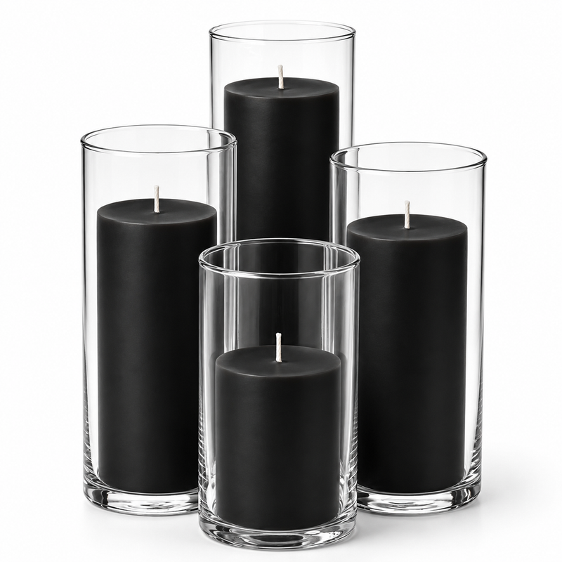 Richland Slim Pillar Candles & Cylinder Vases Set of 8 - Black - thumbnail number 1