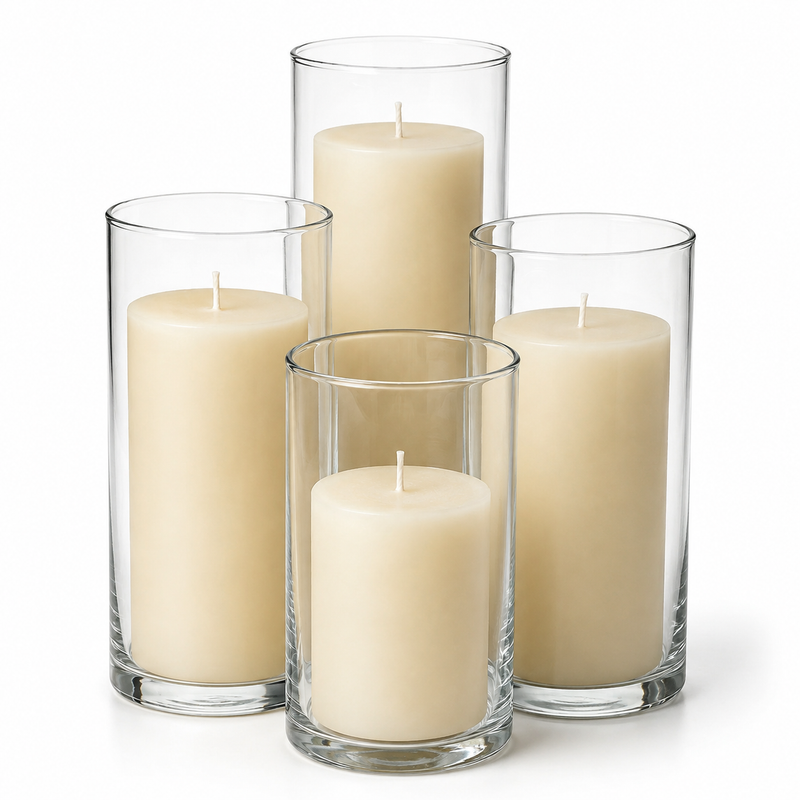 Richland Slim Pillar Candles & Cylinder Vases Set of 8 - Ivory - thumbnail number 1