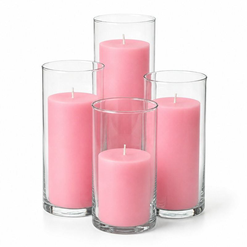 Richland Slim Pillar Candles & Cylinder Vases Set of 8 - Pink - thumbnail number 1