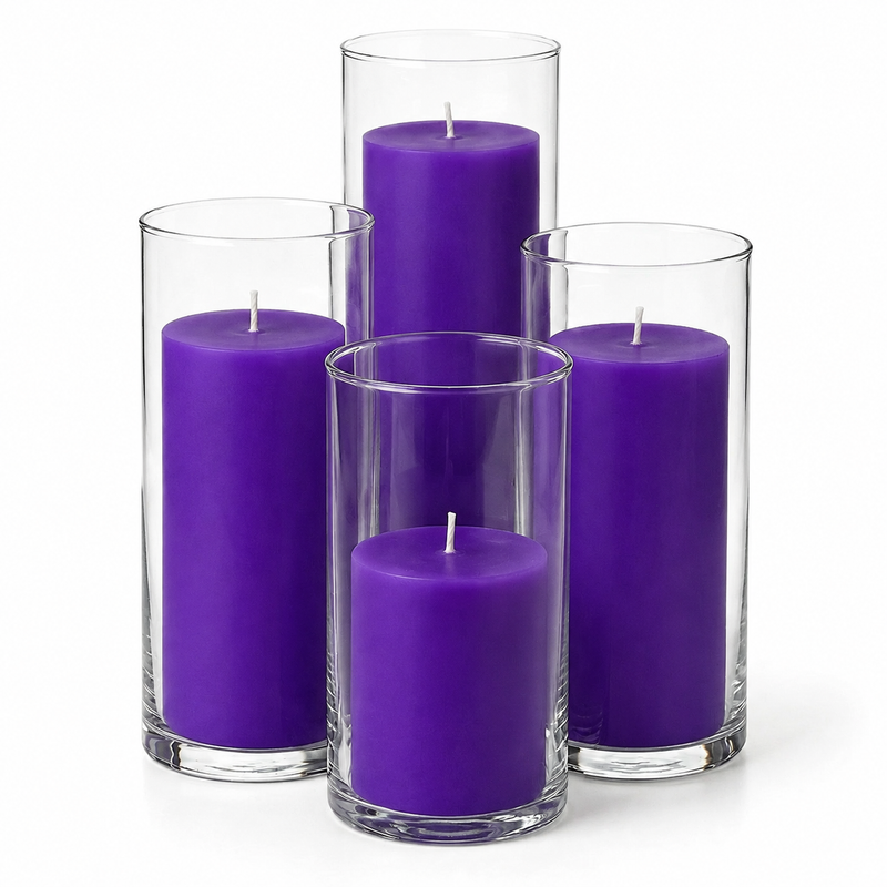 Richland Slim Pillar Candles & Cylinder Vases Set of 8 - Purple - thumbnail number 1