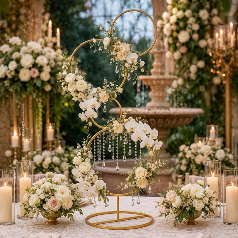 Gold 4-tier hoop stand decorated with white flowers, crystals, and greenery on an outdoor table - thumbnail number 4