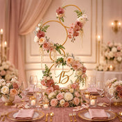 Gold metal 4-tier hoop pillar stand with pink flowers and number 15 - thumbnail number 5