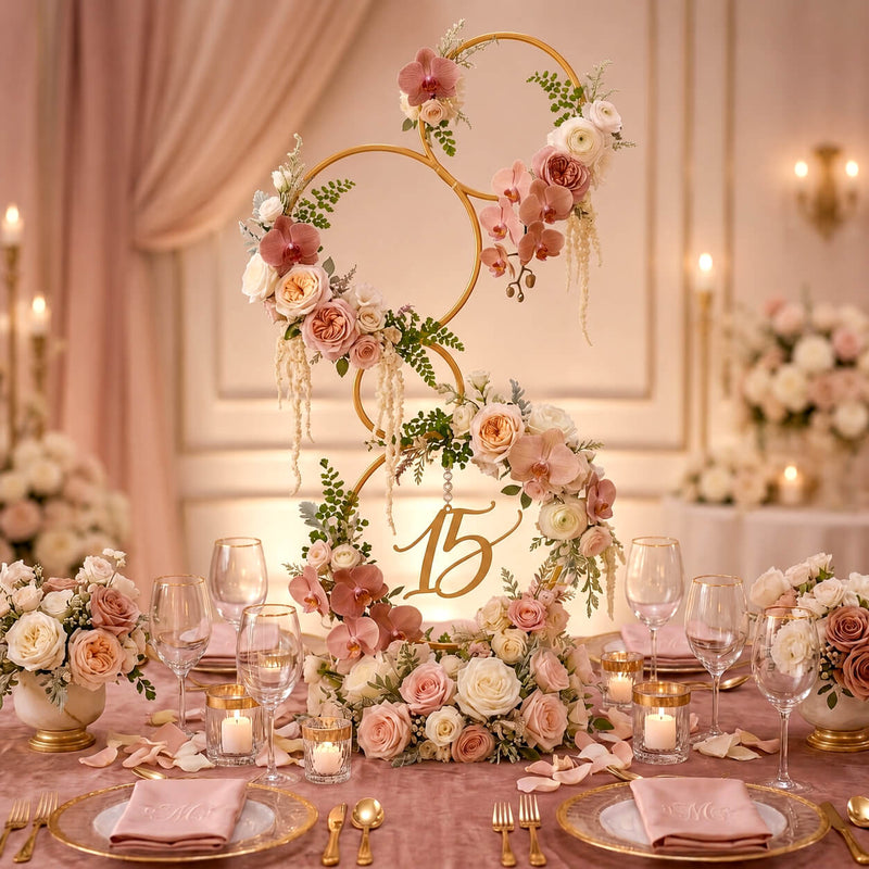 Gold metal 4-tier hoop pillar stand with pink flowers and number 15 - thumbnail number 5
