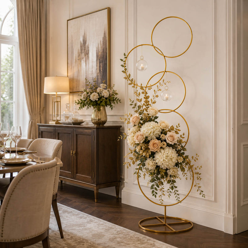 5ft Gold Hoop Pillar Flower Stand – 4-Tier Metal Wreath Arch Wedding Table Centerpiece - thumbnail number 8