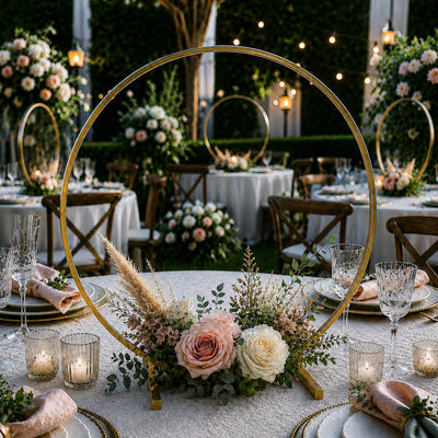 Gold round hoop wedding centerpiece with blush and white flowers on table - thumbnail number 4