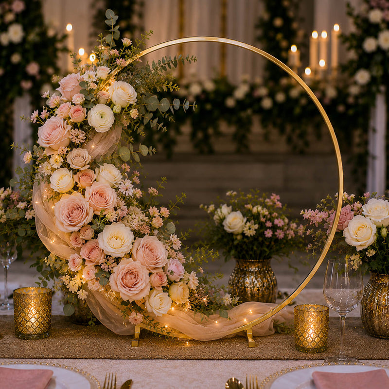 Gold hoop wedding centerpiece with blush flowers and fairy lights on a table - thumbnail number 7