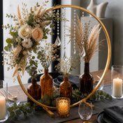 Gold hoop wedding centerpiece with floral arrangement, pampas grass, and hanging crystal drops - thumbnail number 6