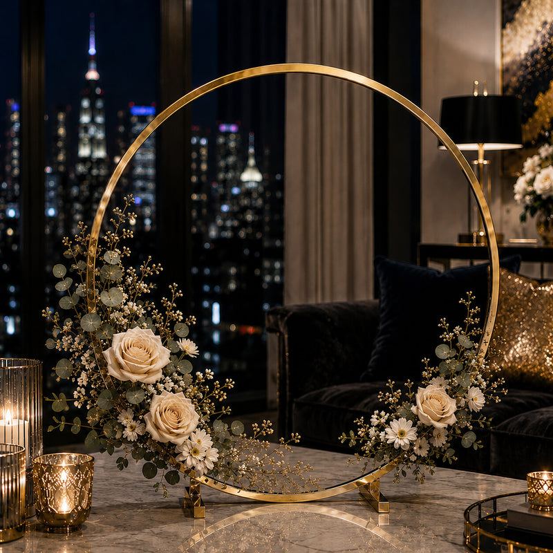 Gold hoop centerpiece with beige roses and eucalyptus against a city skyline - thumbnail number 10