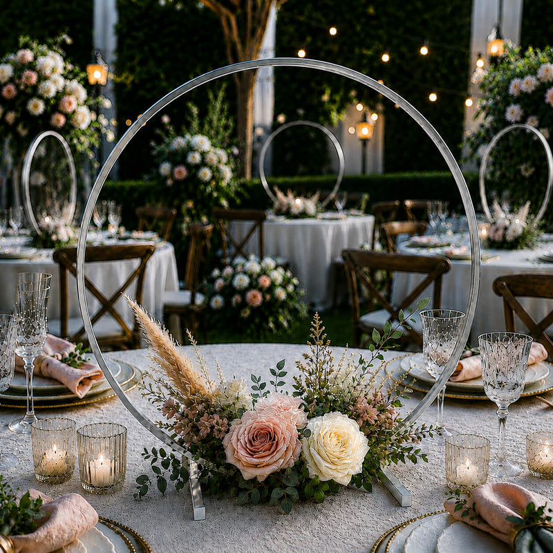 Silver Metal Hoop Wreath Centerpiece 24" – Round Arch Table Display for Weddings and Events - thumbnail number 3