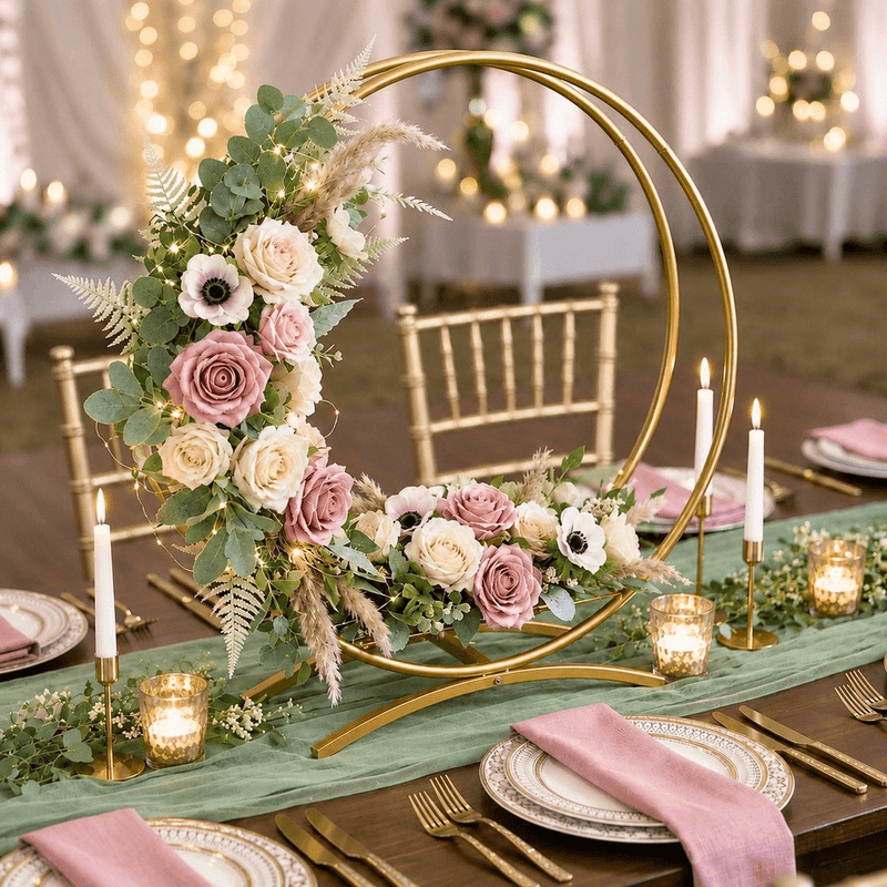 Double Frame Metal Hoop Centerpiece 24" Gold – Wedding Flower Stand for Cake Table Décor - thumbnail number 3
