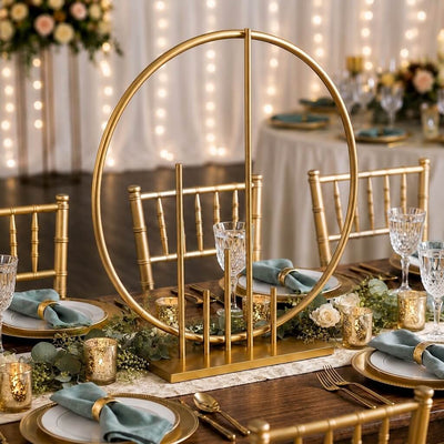 Gold Metal Floral Hoop Centerpiece 24" Round – Self-Standing Wedding Table Arch Frame with Pillars - thumbnail number 3