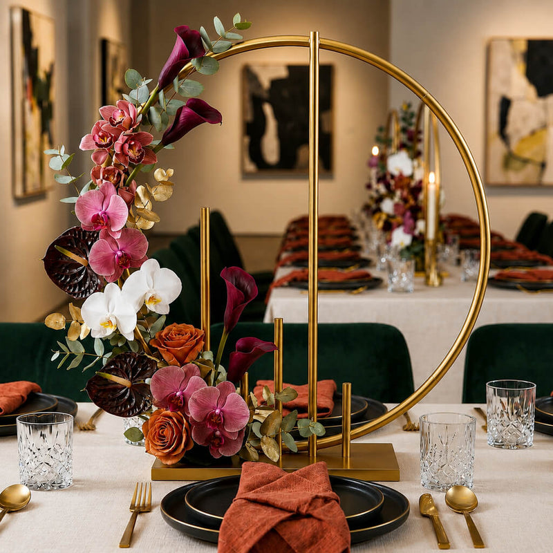 Gold Metal Floral Hoop Centerpiece 24" Round – Self-Standing Wedding Table Arch Frame with Pillars - thumbnail number 5