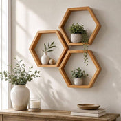 Three rustic wood hexagon wall shelves displaying small potted plants and decor - thumbnail number 6