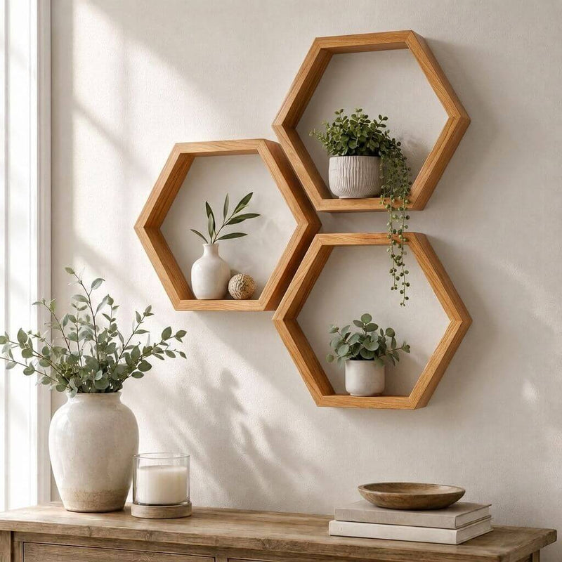 Three rustic wood hexagon wall shelves displaying small potted plants and decor - thumbnail number 6