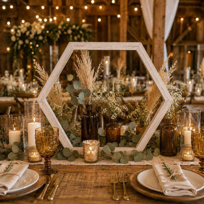 Whitewashed wood hexagon frame with amber bottles and pampas grass centerpiece - thumbnail number 3