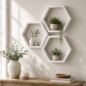 Three whitewashed wood hexagon shelves mounted on a wall with potted plants - thumbnail number 9