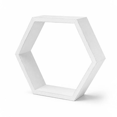 Whitewashed wood hexagon display shelf angled on white - thumbnail number 1