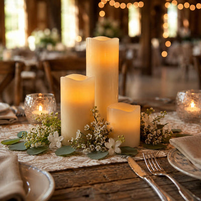 Rustic tablescape with Flameless LED Wavy Top Pillar Candles white set - thumbnail number 3