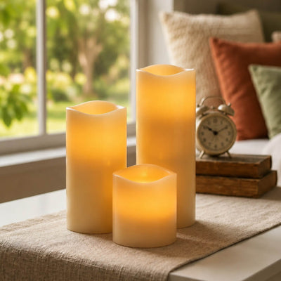 Assorted glowing LED candles displayed on a side table near a window - thumbnail number 6