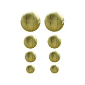 Eight round gold paper lanterns in four different sizes arranged in pairs on a white background. - thumbnail number 1