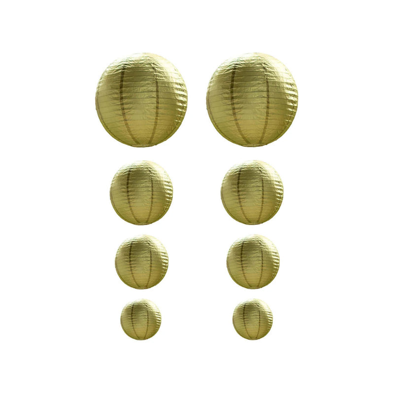 Eight round gold paper lanterns in four different sizes arranged in pairs on a white background. - thumbnail number 1