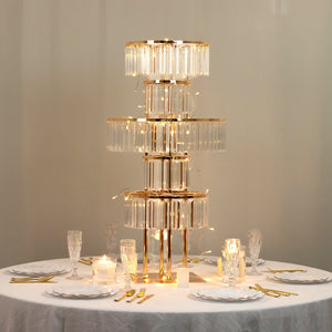 5-Tier Gold Crystal Pendant Table Centerpiece Chandelier 40" – Round Metal Vase Pedestal with Hanging Crystals
