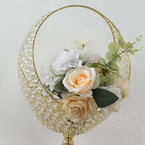 3ft Gold Metal Candle Holder Stand – Crystal Beaded Half Moon Basket Design with Round Base