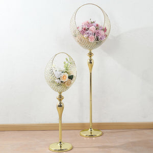 4.5ft Gold Metal Candle Holder Stand – Crystal Beaded Half Moon Basket Design with Round Base