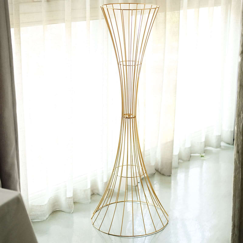 48" Tall Gold Metal Wire Trumpet Flower Centerpiece Stand – Reversible Hourglass Pedestal Prop - thumbnail number 3