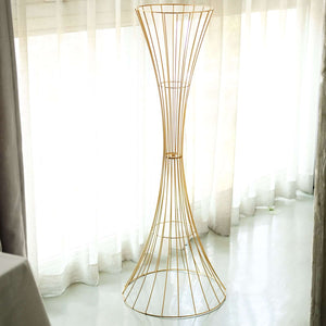 48" Tall Gold Metal Wire Trumpet Flower Centerpiece Stand – Reversible Hourglass Pedestal Prop