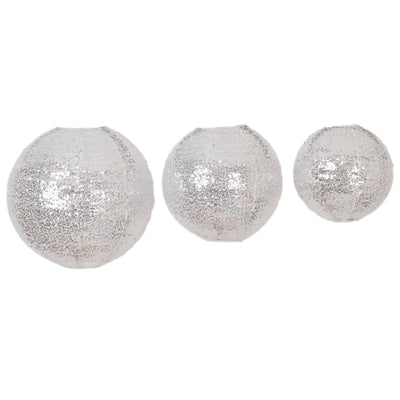 Set of 3 Shimmer Silver Sequin Fabric Hanging Lanterns, Decorative Round Foldable Chinese Lantern Lampshades - 8",10",12"