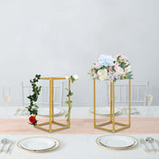 12" Gold Rectangular Metal Flower Stands – 2-Pack Geometric Column Frames for Wedding Arrangements - thumbnail number 3